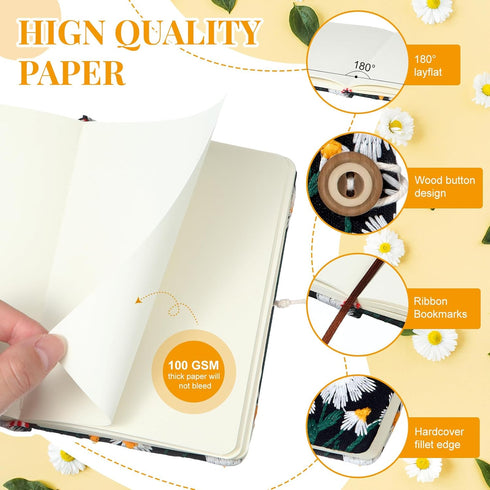 Fabric Notebook A6 Flower Embroidered Journal Daisy Printed Linen Hardcover Journal Pocket Ruled Notebook Blank for Women Girls Gifts Office and S...