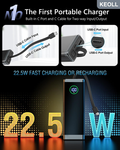 Portable Charger 40000mAh Power Bank, 22.5W Fast Charging Battery Pack with Built-in USB C in&out Cable, Ultra-High Capacity Portable Phone Batter...