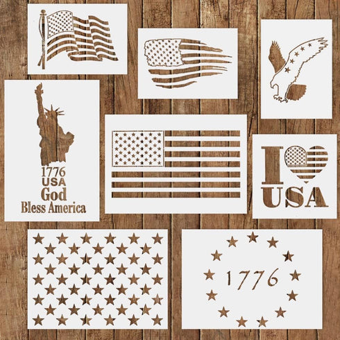 American Flag Stencils Template,8 Pcs USA Flag Star Statue of Liberty Eagle 1776 Plastic Painting Stencil Drawing Airbrush Templates for Wood Fabr...