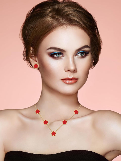 Four Leaf Clover Necklace and Stud Earrings Set for Women Lucky Flower 14K Gold Jewelry...