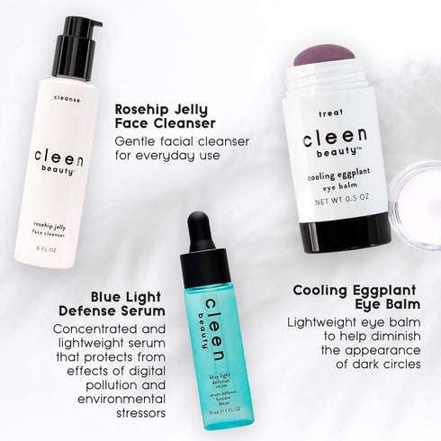 CLEEN BEAUTY Everyday Skincare 3-Piece Set | Rosehip Jelly Face Cleanser, Cooling Eggplant Eye Balm, & Blue Light Defense Serum Set | Paraben Free...