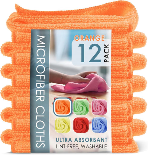 Hearth & Harbor Microfiber Cleaning Cloth, Microfiber Towels for Cars 12 Pack Washcloths, Orange Cleaning Rags, Reusable Microfiber Towel, Microfi...