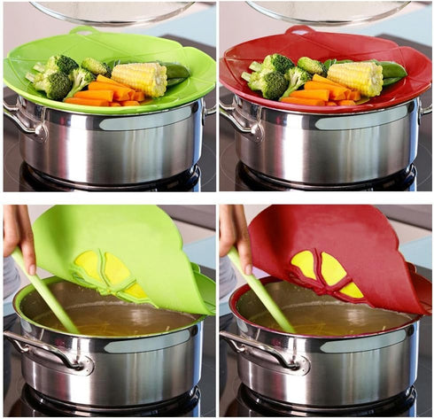 AUANDYU 2-in-1 Spill Stopper Lid Cover and Boil Over Safeguard, Silicone Pot Pan Lid Multi-Function Kitchen Tool (Green and Red)...