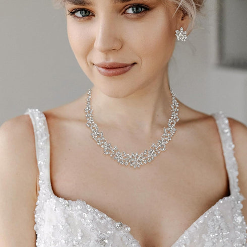 EVER FAITH Bridal Austrian Crystal Jewelry Set, Elegant Cluster Flower Leaf Necklace Earrings Set for Women...