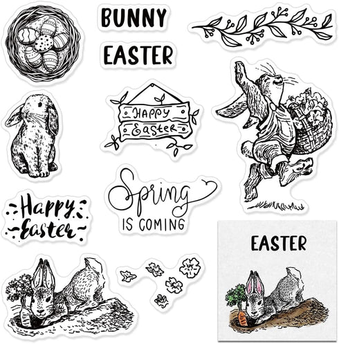 Hying Happy Easter Words Bunny Clear Stamps for Card Making and Photo Album Decor, Easter Rabbits Eggs Stamps Spring Flowers Rubber Stamps Seal fo...