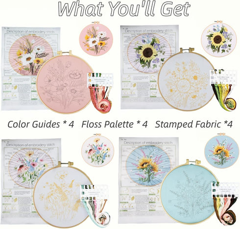 Highkick Embroidery Kit for Beginner,Embroidery Kit for Adults, All in one, Wild Flower, 4 Pack......