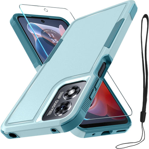 for Motorola Moto G Play 2024 Case,Full Body Heavy Duty Rugged Shockproof Protective Phone Cover with Lanyard Strap,Tempered Glass Screen Protecto...