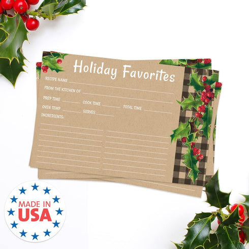 Kraft Look Holiday Favorites Recipe Cards / 50 Rustic Faux Kraft Christmas Recipe Card Pack / 4" x 6" Flat Double Sided Vintage Design Baking Dire...