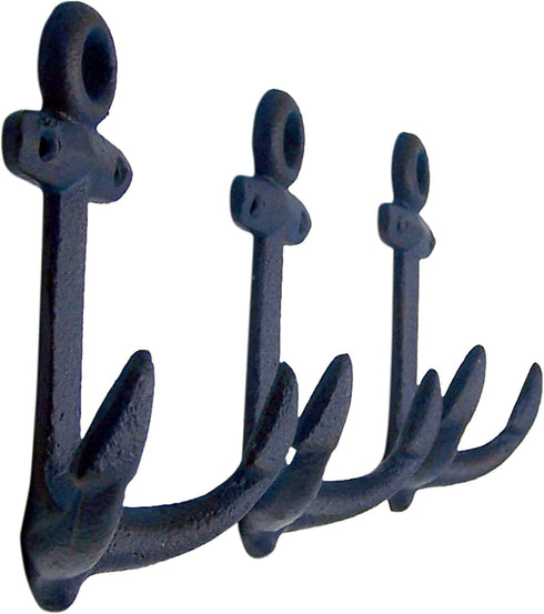 Wowser Nautical Cast Iron Ship Anchor Wall Hooks, 6 Inches, Set of 3 (Blue)...