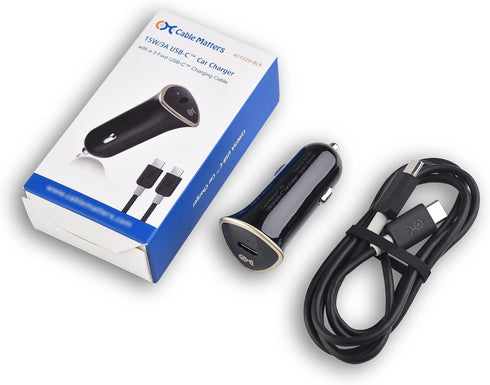 Cable Matters 15W / 3A USB-C Car Charger with a 3 ft USB-C to USB-C Cable (USB Type C Car Charger) in Black, Compatible with iPhone 15, 15 Pro Max...