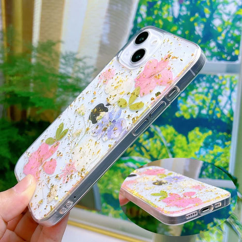 Abbery Designed for iPhone 14 Plus Case Sparkly Pink Flower Design Cute Clear Glitter Soft Silicone Real Dried Pressed Floral Aesthetic Phone Cove...