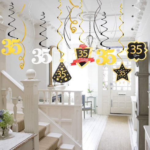 LINGTEER Happy 35th Birthday Decorations - 12 Pcs Birthday Black & Gold Foil Swirls Streamer Set,Cheers to 35 Years Old Bday Party Gift Decoration...