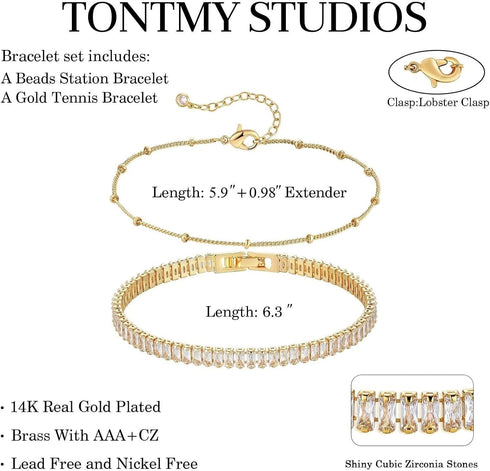Bracelet for Women Gold Layered Set 14K Gold Filled Stackable Bracelets Trendy Figaro Satellite Chain Cuban Link Minimalist Dainty Bracelet Tennis...