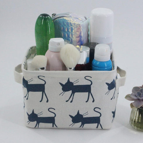 Mziart Small Foldable Canvas Storage Basket with Handles, Cotton Linen Storage Bin Organizer for Nursery Kids Shelves & Desks (Blue Cat)...