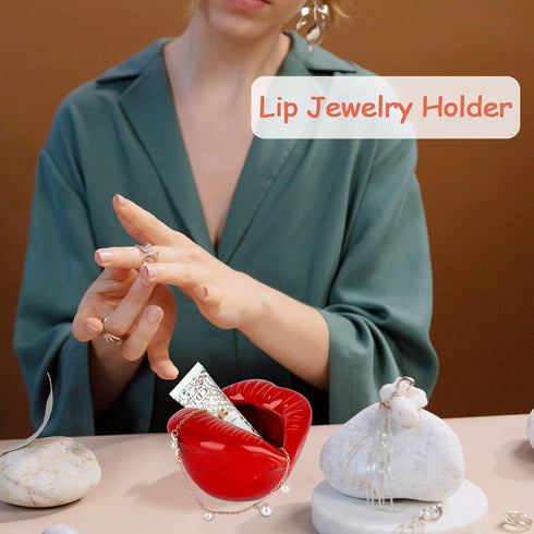 Trycooling Ceramic Red Lips Lipstick Ring Holder Jewelry Tray Rack Decorative Cosmetic Storage Display Holder Desktop Hairpin Storage Organizer Bi...