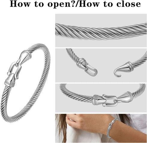 Stainless Steel Twisted Cable Wire Bracelets with Hook Clasp Stylish Roman Digital Bangle Bracelet for Women...