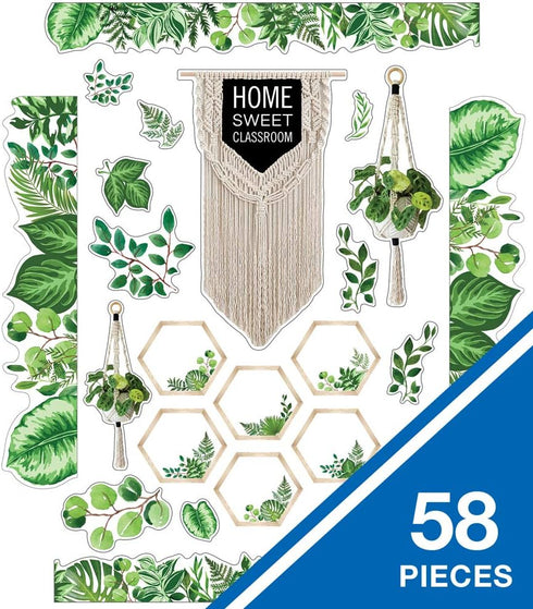 Schoolgirl Style Simply Boho Bulletin Board Set—Home Sweet Classroom Macrame Header, Leaf Border Trims, Hanging Planters, Assorted Leaves, Hexagon...