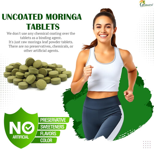 Grenera Moringa Tablets 240 nos, Uncoated Malunggay Herbal Supplement, No Chemical Coating, Green Superfood, Lab Tested for Purity...