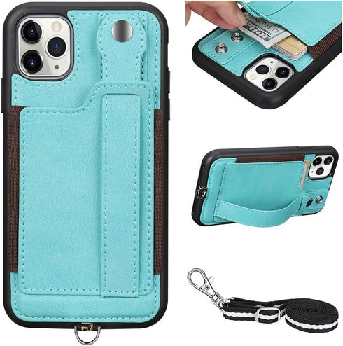 TOOVREN Phone Case for iPhone 11 Pro Wallet Case Lanyard Neck Strap with Kickstand Leather Card Holder Adjustable Detachable Necklace, Phone Prote...