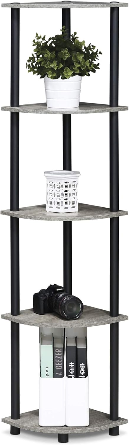 Furinno Turn-N-Tube 5 Tier Corner Display Rack Multipurpose Shelving Unit, 1-Pack, French Oak Grey/Black...