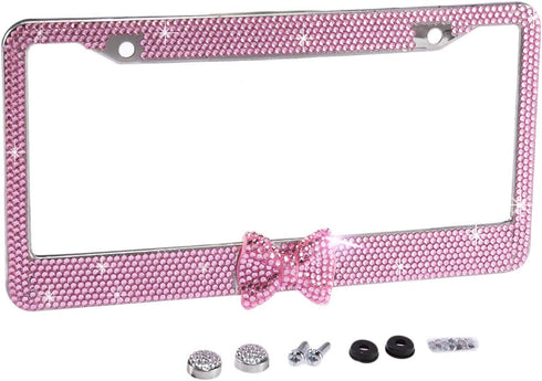 Fashion USA Universal Pink Frame W/Pink Bowtie Crystal License Plate Frames,Eclusive Bling License Plate Holder,Weather Proof Rhinestone License P...