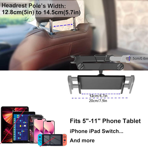 Car Headrest Tablet Mount, Backseat Seat Universal Tablet Cell Phone Holder 360° Swivel Rotating Angle Adjustable Stretchable for iPad iPhone, Sam...