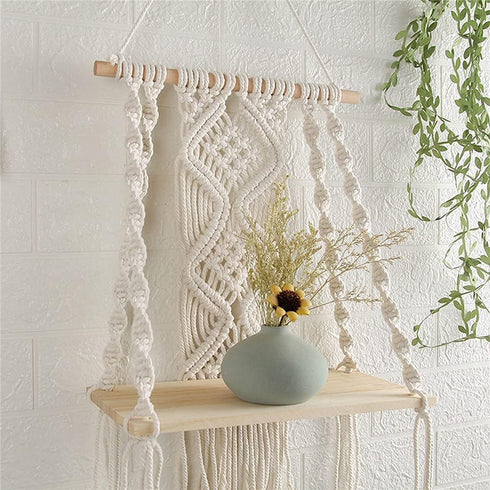 Macrame Wall Hanging Plant Decor Shelf Indoor Outdoor Floating Wood shelve Decorative Hand Made Rope Boho Shelving for Plants...