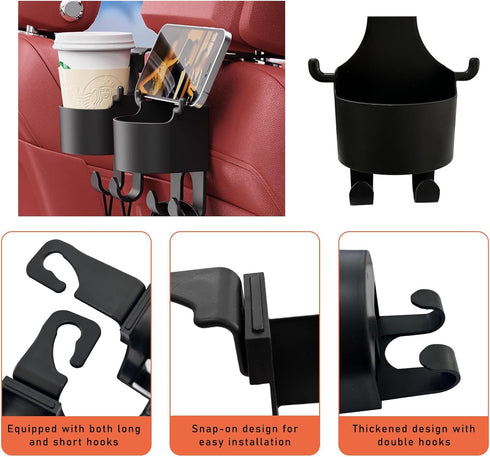 Multifunctional Hook for Car Seat Back, Seat Headrest Hanger with Cup Holder, Auto Hanging Organizer for Purse Drink Cellphone, Universal Vehicle ...