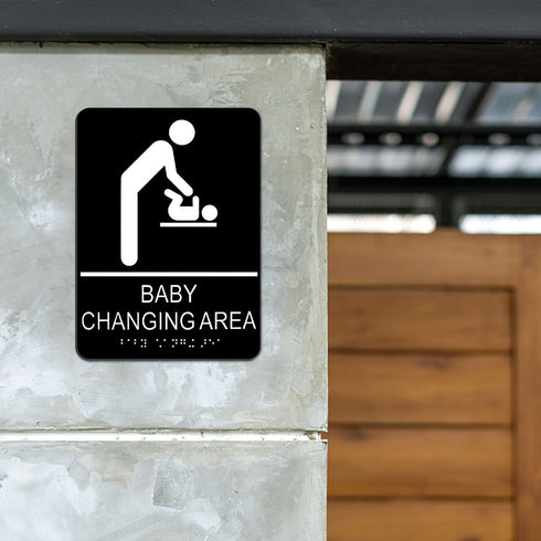 Baby Changing Area Sign for Business, ADA Compliant Braille Restroom Sign, 8.27 x 5.9 inch Diaper Changing Station Sign with Adhesive Back, Black ...