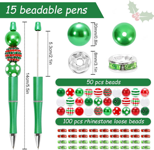 Whaline 15Pcs Christmas Beadable Pen Red Green Silver Bead Ballpoint Pen Gel Ink Pen with 50Pcs Colorful Beads 100Pcs Rhinestone Beads for Xmas DI...