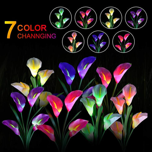 Aloudy Solar Garden Stake Lights, Upgraded 3 Pack Outdoor Waterproof Solar Powered Lights with 12 Calla Lily Flowers, 7 Colors Changing LED Solar ...