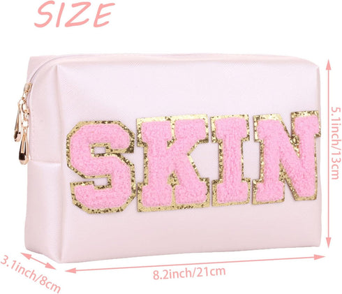 Preppy Patch Cosmetic Toiletry Bag for Women Girls SKIN Letters PU Leather Portable Makeup Bag Zipper Pouch Storage Purse Waterproof Organizer for...