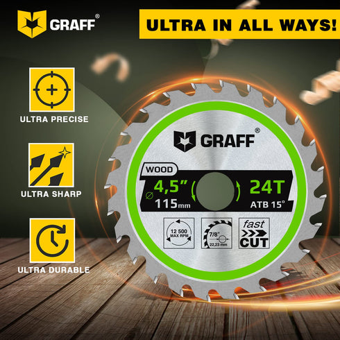 GRAFF 4-1/2 Inch Circular Saw Blade - 24-Teeth Grinder Saw Blade for Wood, Plywood, Drywall, MDF, Plastic - Wood Cutting Blade for Angle Grinder...