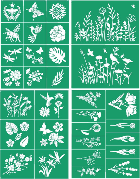 Wild Flower Stencils 4pcs, Self Adhesive Silk Screen Stencils Rose Flower Animal Plant Spring DIY Stencils for Painting on Wood, T-shirt, Chalkboa...