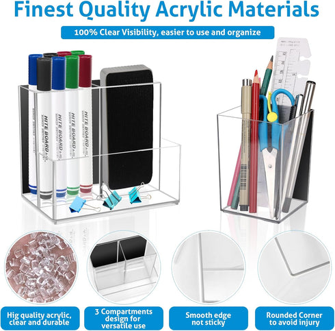 2 Pack Magnetic Pen Holder, Acrylic Magnetic Dry Erase Marker Holder with Full Magnet Back and 4 Compartments, Magnetic Pencil Cup Locker Organize...