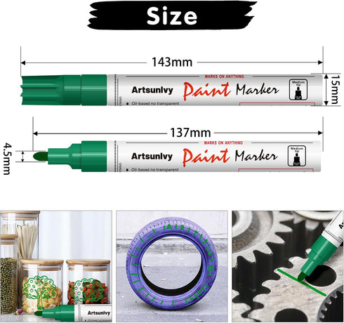 Green Paint Pens Permanent Markers - 2 Pack Paint Markers for Metal, Rubber,Wood, Rocks, Canvas, Plastic, Dark Surface, Craft Art Supplies, Medium...