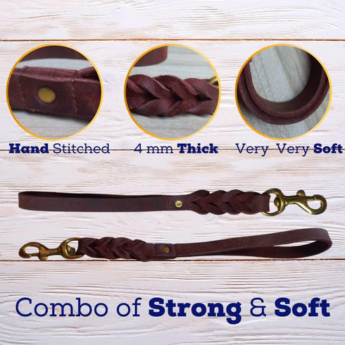 Leather Short Dog Leash 15 Inch - Short Dog Traffic Lead for Large Dogs Training and Walking - Braided Leather Dog Tab for Large Dogs - Full Grain...