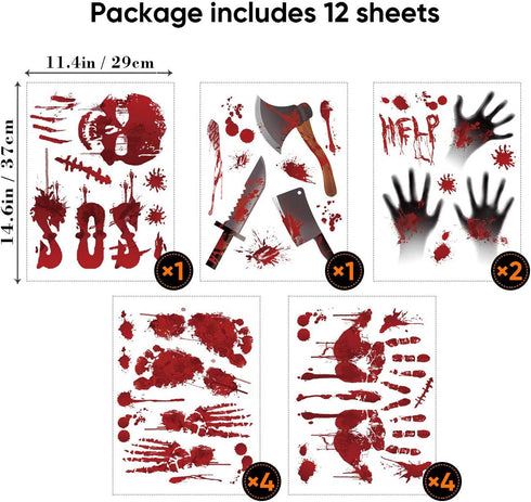Tuzuaol 119 PCS Bloody Halloween Decorations Halloween Bloody Handprint Footprints Knife Stickers Window Wall Floor Clings Decals Horror Bathroom ...