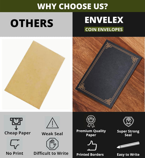Black Color 250 Small Coin Envelopes with Golden Glitter Pen 2 1/4 x 3 1/2 inches 130 gsm Seed Envelopes for Storage of Keys, Cards, Wage, Stamp C...