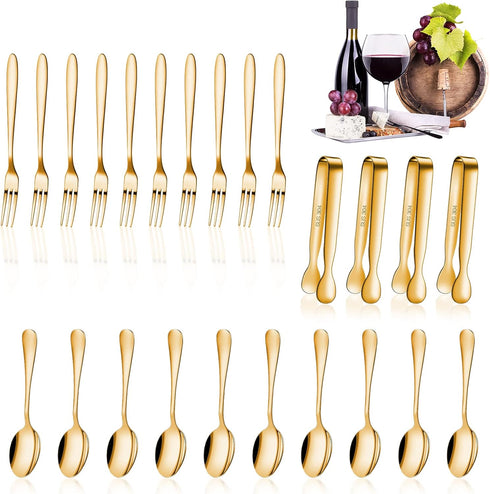 Cunhill 24 Pcs Charcuterie Accessories Mini Cocktail Tongs Small Serving Spoons and Appetizer Forks Stainless Steel Tongs Charcuterie Utensils for...
