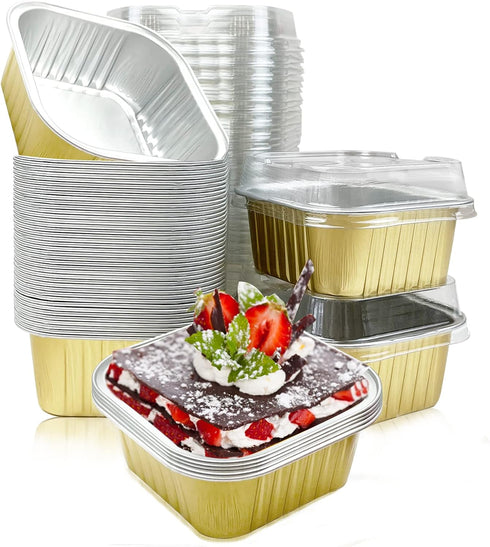 50 Pcs Aluminum Foil Mini Square Baking Cups with Lids,5oz Disposable Ramekins Cake Pans,Cupcake Baking Cups Containers for Bread Muffin Brownie C...