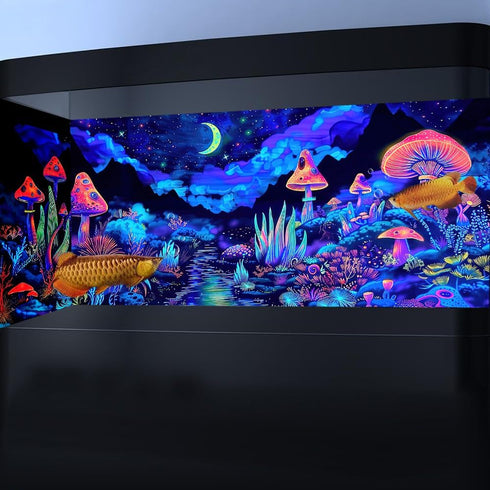 24X12IN Blacklight Mushroom Flower Black Light Aquarium Background, UV Fish Tank Background Moonlight Mountain Forest Landscape Terrarium Backgrou...