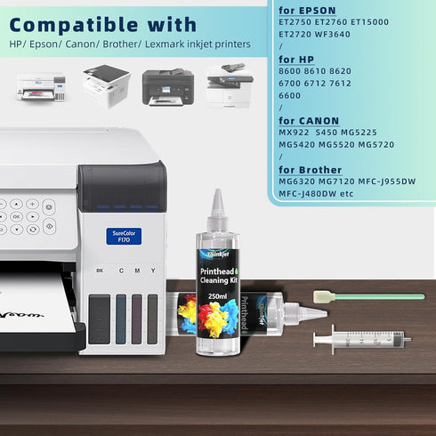Printhead Cleaning Kit for Epson, 250ml Printer Cleaning kit for HP, Print Head Cleaning Solution for Canon, Printer Head Cleaner for Brother Inkj...