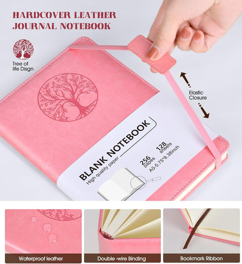 Blank Journal Notebook for Women Men, Pink A5 Unlined Journal for Writing Sketchbook, Hardcover Leather Unruled Jouranl Notebook for Work with 256...