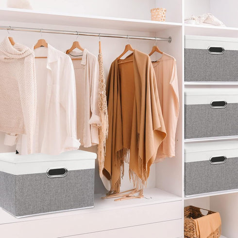 Yawinhe Collapsible Storage Box, Waterproof Storage Basket Bins, with Lids and 2 Handles, Closet Organizers, for Clothes, White/Gray, 15''Lx9.8''W...