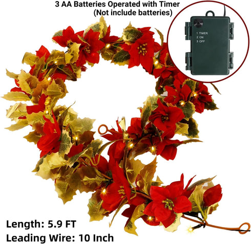 Glintoper Christmas Poinsettia Garland, 5.9 FT Lighted Artificial Garlands with 36 Red Flowers, Battery Operated with Timer Poinsettia String Ligh...