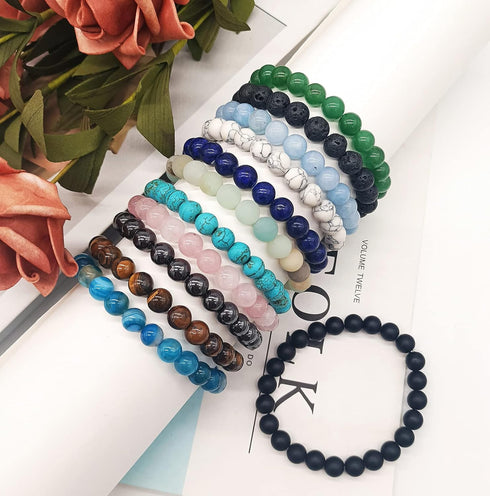 12Pcs Natural Stone Beaded Bracelets for Women Men Semi-Precious Gemstones Bracelets Crystal Beaded Bracelet Unisex Adjustable Stretch Bracelets 8...