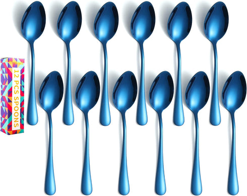 Blue Teaspoons Silverware, Set of 12 pcs Dinner Spoons, 6.8 inch Stainless Steel Flatware Cutlery, Home Kitchen Outdoor Utensils, Appartment Essen...