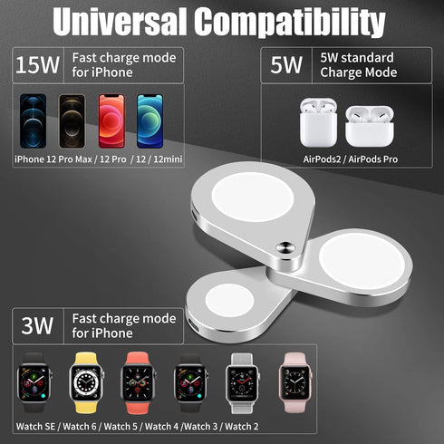 3 in 1 Mag Safe Charger Wireless Foldable Magnetic Wireless Charging Station for iWatch, AirPods Pro/2, iPhone 15/15 Plus/15 Pro Max/14/13 Series/...
