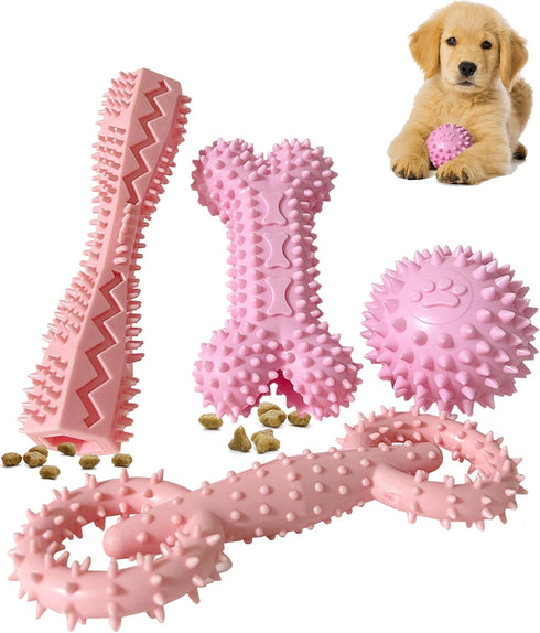 4 Pack Puppy Toys for 2-8 Months Teething Pets Dog Chew Toy Puppies Teeth Cleaning Toy Food Dispensing Soft Rubber Bone Funny Ball Interactive Don...